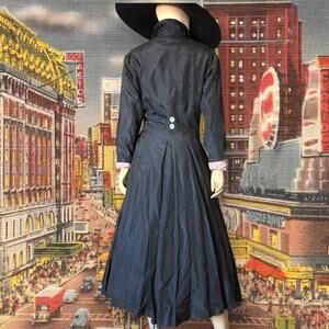Vintage 1940s New Look Black Silk Duster Princess Coat Button Front Jacket Small